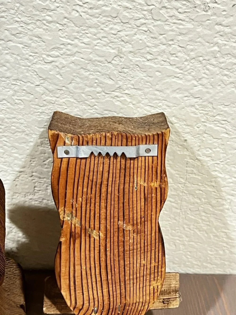 TWO Hand Carved Wooden Owls Big Eyes Folk Art 70s/80s Hanging Shelf Sitter MCM